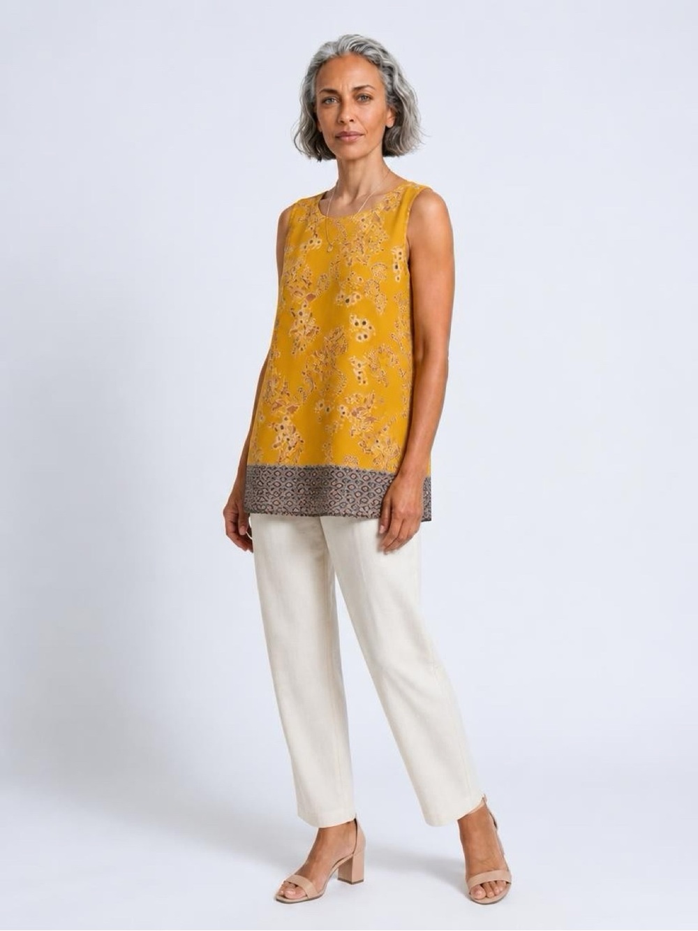 Rose & Olive Mustard Floral Sleeveless Tunic with Printed Hem